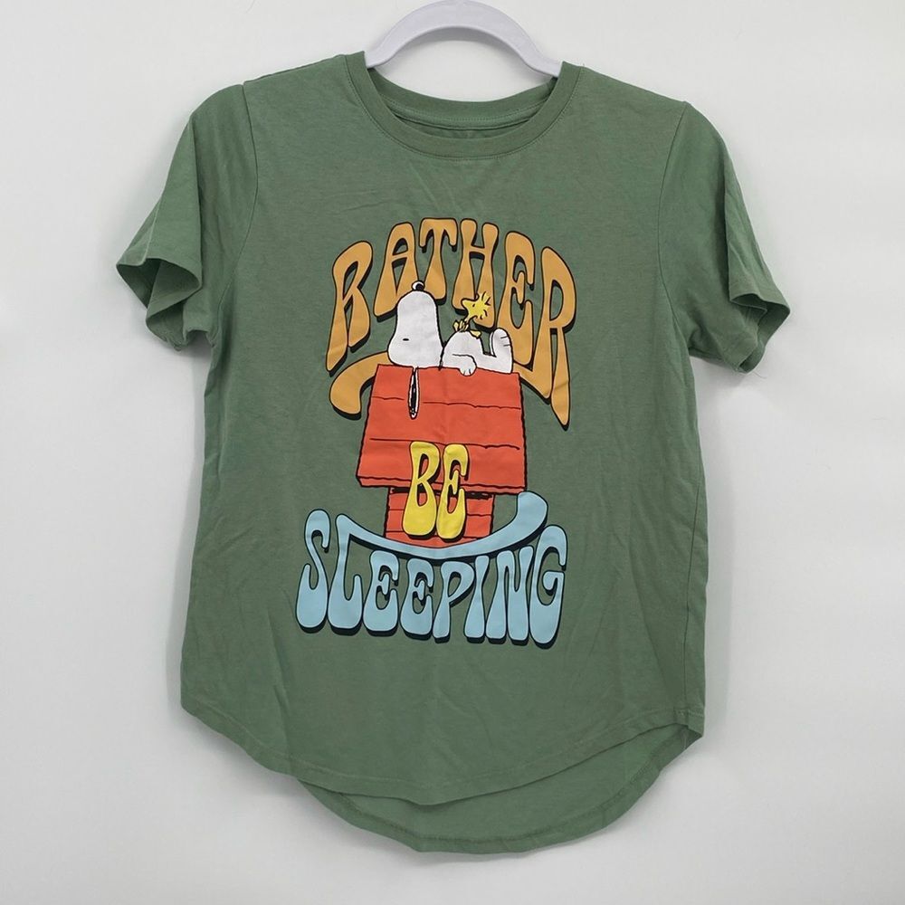 Peanuts Snoopy Rather Be Sleeping Juniors M 7-9 Green T-shirt